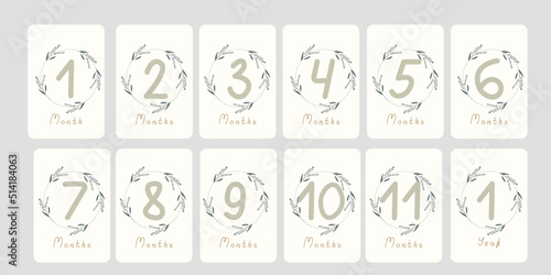 Cute set of monthly milestone cards. Baby postcards with numbers and flowers for a newborn boy or girl. Print baby shower, baby's birthday. Kids collection of 1-11 months and 1 year. Nursery design