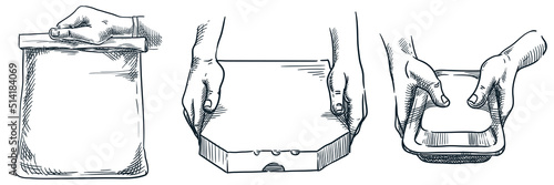 Take away food packs set. Human hand holding lunch box, paper bag, pizza box. Vector hand drawn sketch illustration