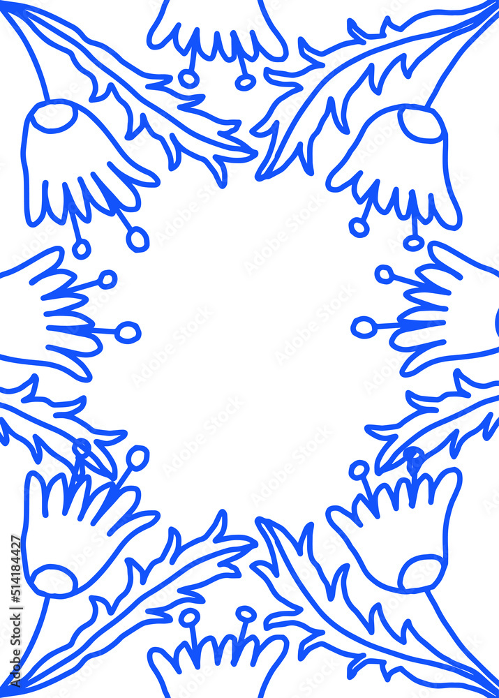 Fototapeta premium Minimalist vector frame with blue flowers. Floral template with some space for text.