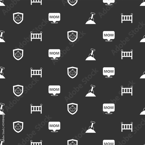 Set Sandbox with sand and shovel, Baby crib cradle bed, on shield and Speech bubble mom on seamless pattern. Vector