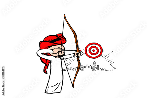 Focus Arab businessman ready to shoot the target. Carricature vector illustration with isolated background photo