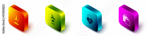 Set Isometric Eiffel tower, Coffee cup go, Castle in the shape heart and Paper shopping bag icon. Vector