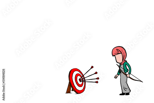 Muslim business woman get bulleye. Achieving target concept. Cartoon vector illustration design.