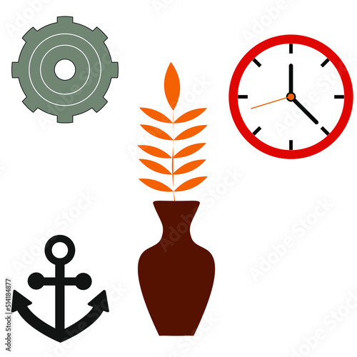 set of vector drawings gear, clock, anchor, vase. Vector illustration