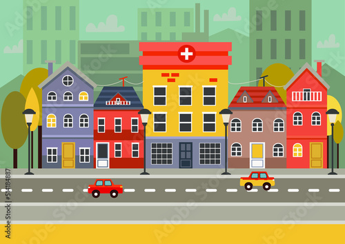 city building houses view skyline background real estate cute town concept horizontal banner flat vector illustration. Vector illustration