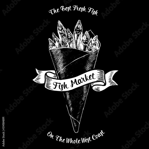 Fish in paper cone icon. Fish market vector illustration. Fresh sardines. Fast Food Background. Seafood illustration on a black background.  Hand drawn vintage fish dishes illustration on chalkboard.
