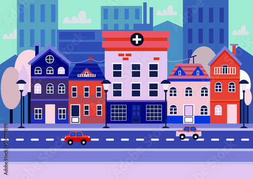 city building houses view skyline background real estate cute town concept horizontal banner flat vector illustration. Vector illustration