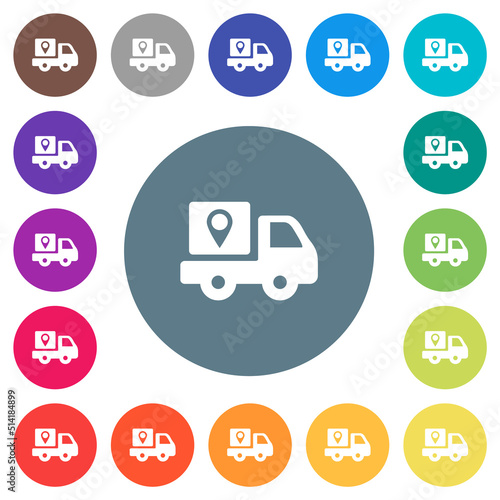 Package delivery tracking solid flat white icons on round color backgrounds