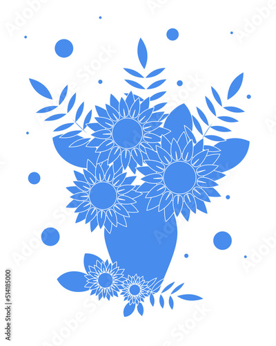 Postcard bouquet of sunflowers and leaves in blue vase for flowers on light background. Vector illustration. Vector illustration