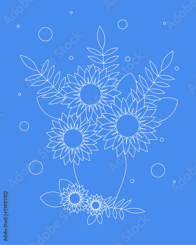 Postcard bouquet of sunflowers and leaves in blue vase for flowers on light background. Vector illustration. Vector illustration