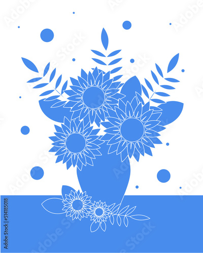 Postcard bouquet of sunflowers and leaves in blue vase for flowers on light background. Vector illustration. Vector illustration