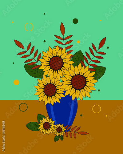 Postcard bouquet of sunflowers and leaves in blue vase for flowers on light background. Vector illustration. Vector illustration