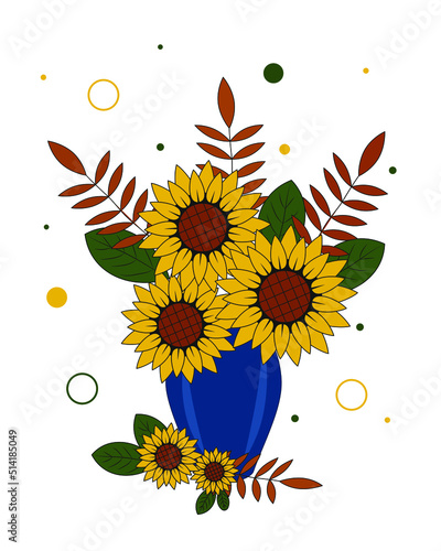 Postcard bouquet of sunflowers and leaves in blue vase for flowers on light background. Vector illustration. Vector illustration