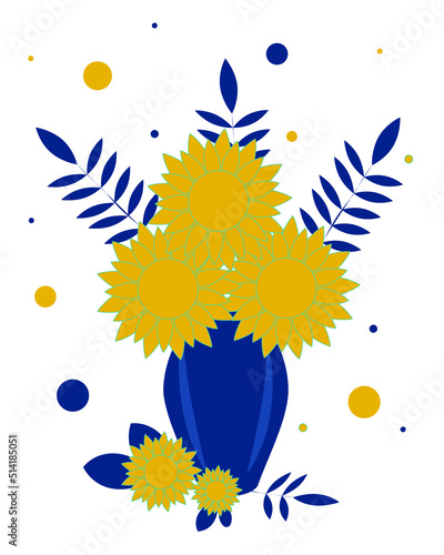 Postcard bouquet of sunflowers and leaves in blue vase for flowers on light background. Vector illustration. Vector illustration