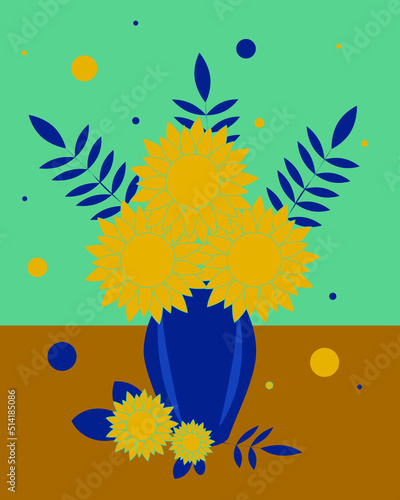 Postcard bouquet of sunflowers and leaves in blue vase for flowers on light background. Vector illustration. Vector illustration