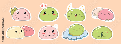Set sticker Cute characters dessert mochi. Cartoon clipart. Kawaii food. Traditional Japanese cuisine.  Vector flat illustration on an isolated background.