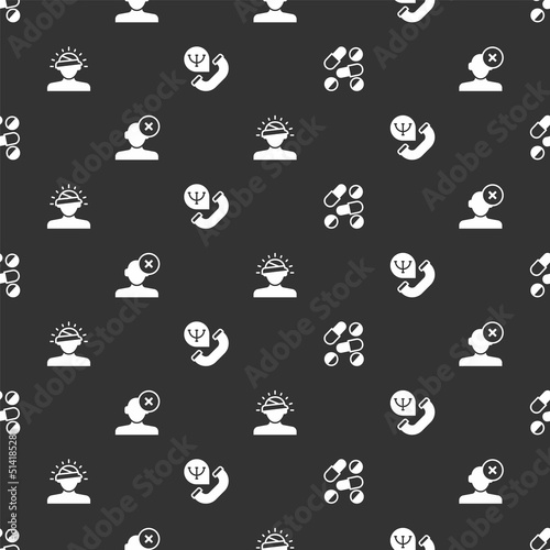Set Medicine pill or tablet, Solution problem psychology, Concussion, headache and Online psychological counseling on seamless pattern. Vector