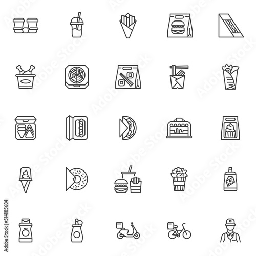 Take-out food line icons set