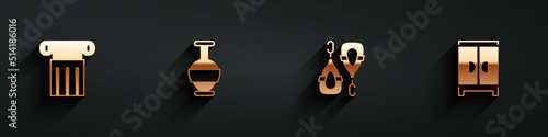 Set Ancient column, amphorae, Earrings and Wardrobe icon with long shadow. Vector