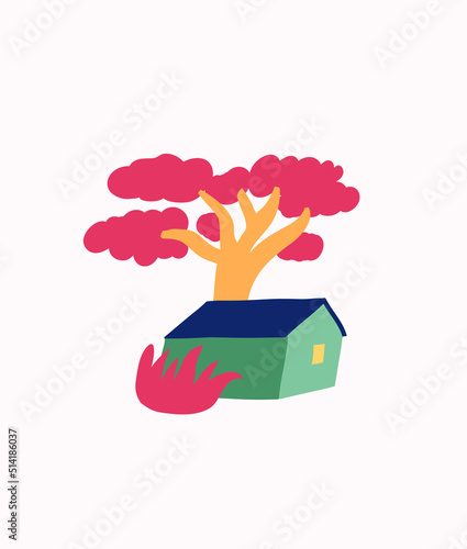 Colorful vector illustration with house and yellow tree with red foliage. Small green building with blue roof.