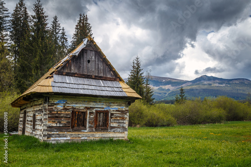 The Chamkova Barn, wooden house on the meadow below the Kralova Hola hill, central Slovakia, Europe. photo