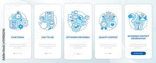 Important things in website blue onboarding mobile app screen. Walkthrough 5 steps editable graphic instructions with linear concepts. UI, UX, GUI template. Myriad Pro-Bold, Regular fonts used