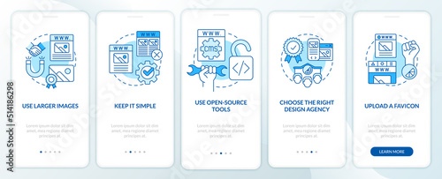 Creating professional website blue onboarding mobile app screen. Walkthrough 5 steps editable graphic instructions with linear concepts. UI, UX, GUI template. Myriad Pro-Bold, Regular fonts used