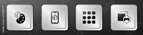 Set NFT Digital crypto art, Mobile with store app, blockchain technology and icon. Silver square button. Vector