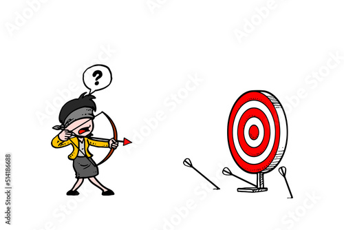 Confused business woman try to shoot target. Unclear goal setting concept. Cartoon Vector illustration design on isolated white background