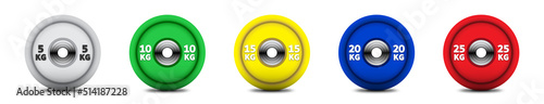 Set of colored barbell plates. Weight lifting or powerlifting plates. Gym equipment. Sport symbol. Flat vector illustration.