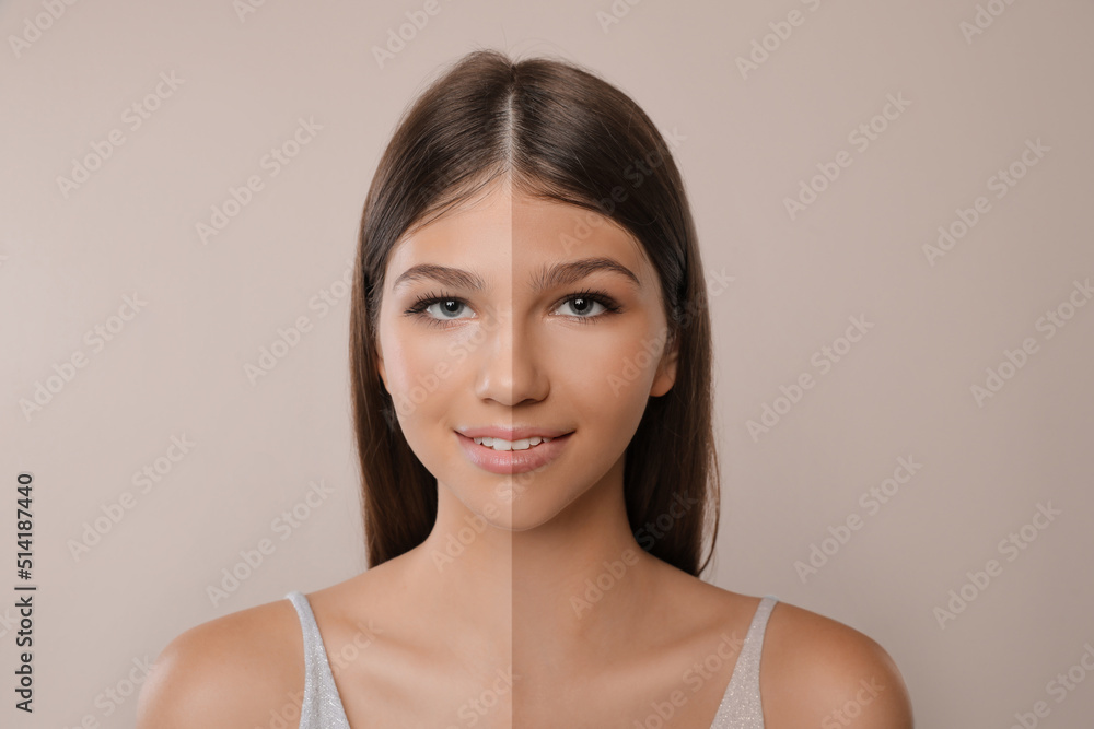 Collage with photos of beautiful girl before and after tanning on beige background Collage with photos of beautiful girl before and after tanning on beige background