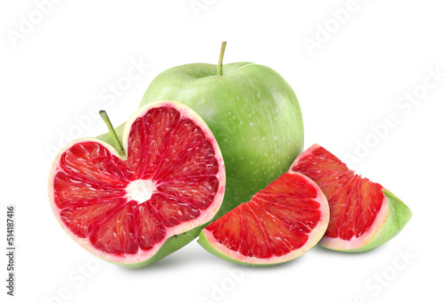 Genetically modified apple with red orange on white background