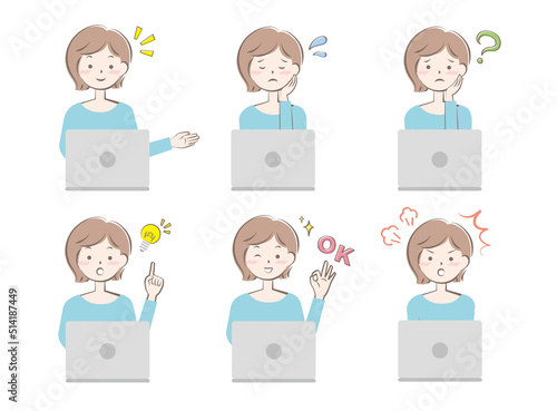 パソコンを操作する若い女性　表情　感情　正面