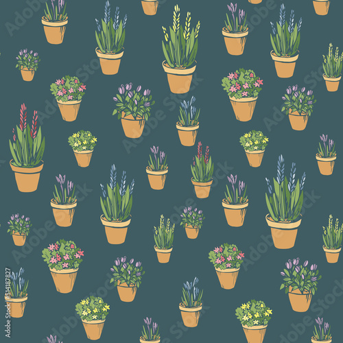 Bright cute seamless pattern with colored flowerpots, flowers, pots, potted plants. Endless texture with hand drawn silhouette on jade background for wallpaper decor.