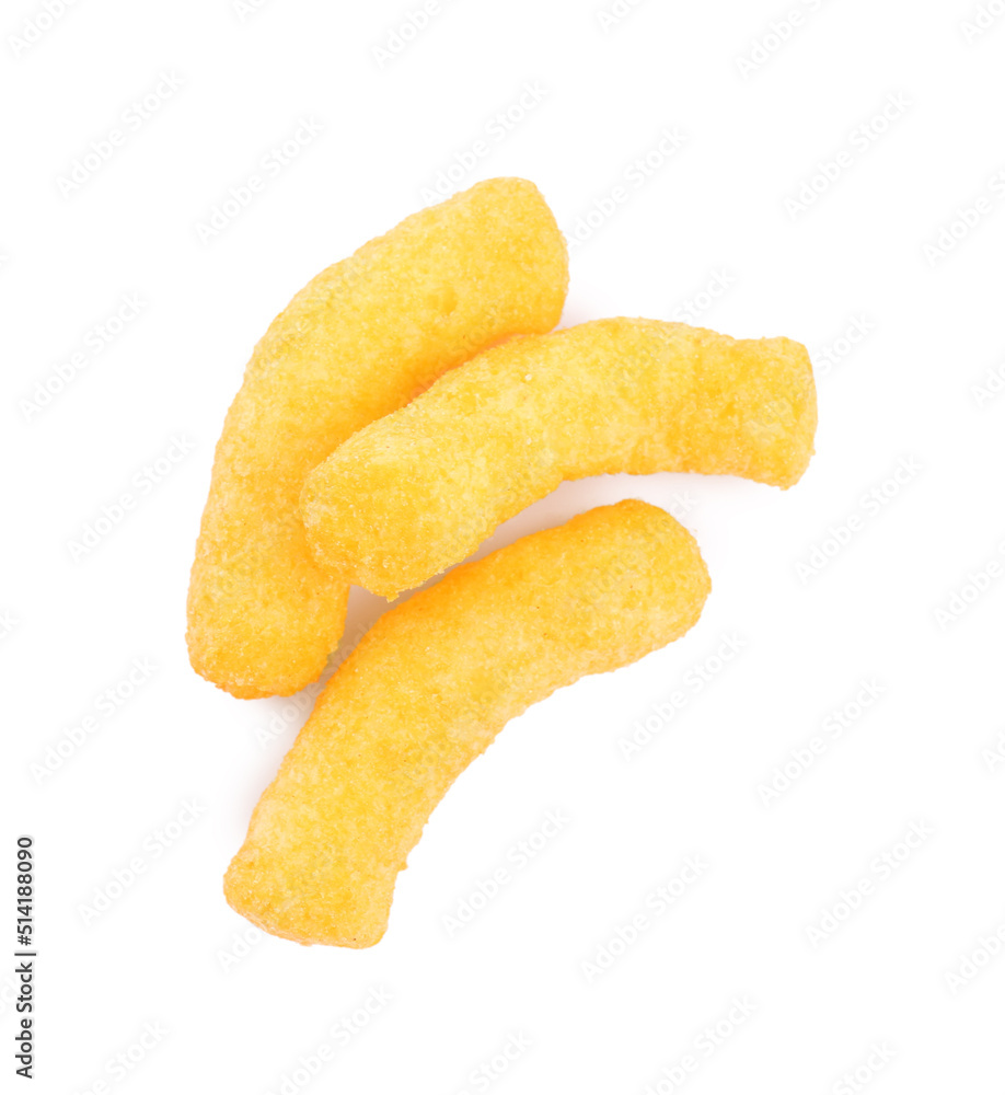 Tasty cheesy corn puffs isolated on white, top view Tasty cheesy corn puffs isolated on white, top view