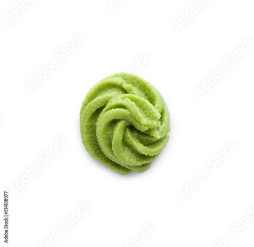Swirl of delicious spicy wasabi paste isolated on white, top view