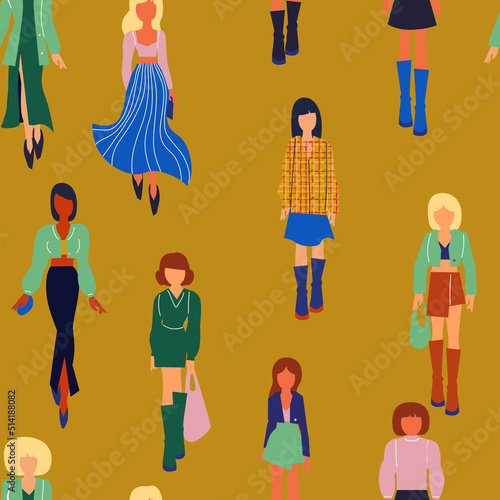 Seamless pattern. Women in trendy clothes. Fashion flat style illustration.