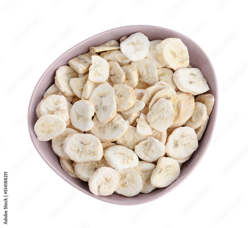 Freeze dried bananas in bowl on white background, top view Freeze dried bananas in bowl on white background, top view