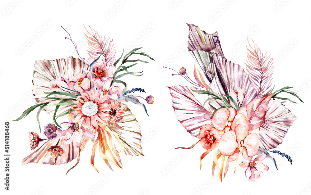 Watercolor summer invitations bouquets with hand painted tropical pink flowers, branches of violet, brownleaves. Romantic floral bouquet perfect for wedding greeting cards, invitation and more. High