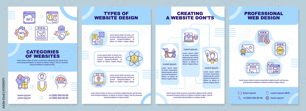 Planning website content blue brochure template. Categories. Leaflet design with linear icons. Editable 4 vector layouts for presentation, annual reports. Arial-Black, Myriad Pro-Regular fonts used