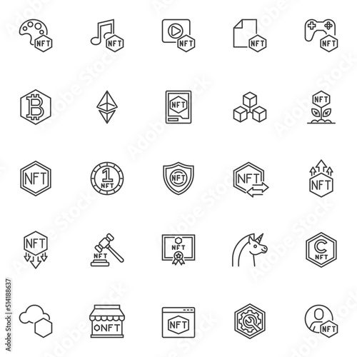 NFT blockchain line icons set