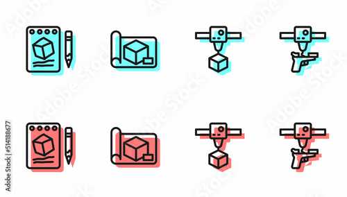 Set line 3D printer cube, Sketch on paper, Graphing for engineering and gun icon. Vector