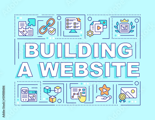 Building website word concepts cyan banner. Planning structure, content. Infographics with editable icons on color background. Isolated typography. Vector illustration with text. Arial-Black font used