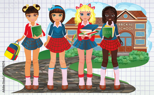 Back to school. Girlfriends classmates near the school. vector illustration