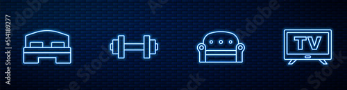 Set line Sofa, Hotel room bed, Dumbbell and Smart Tv. Glowing neon icon on brick wall. Vector