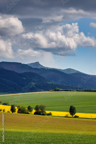 Spring landscape with fields of oilseed rape. Hills and blue sky with dramatic clouds in the background. The Klak hill from The Rajecka valley in Slovakia, Europe. photo