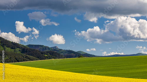 Spring landscape with fields of oilseed rape. Hills and blue sky with dramatic clouds in the background. The Klak hill from The Rajecka valley in Slovakia, Europe.
