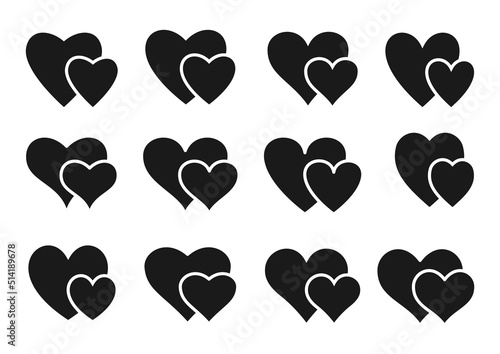 Hearts icons set. Flat double black elements wich text greeting wedding card. Romantic holiday symbol love Valentine Day. Heart decorative graphic design shape isolated vector illustration