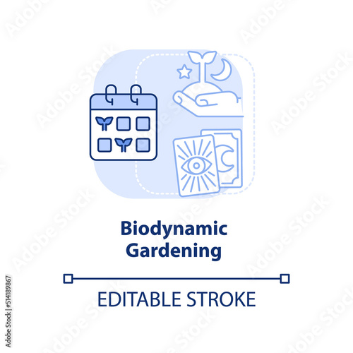 Biodynamic gardening light blue concept icon. Sowing calendar. Gardening type abstract idea thin line illustration. Isolated outline drawing. Editable stroke. Arial, Myriad Pro-Bold fonts used