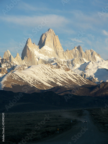 Beautiful view of the sunrise reflected in the majestic Fitz Roy in the Andes of Patagonia